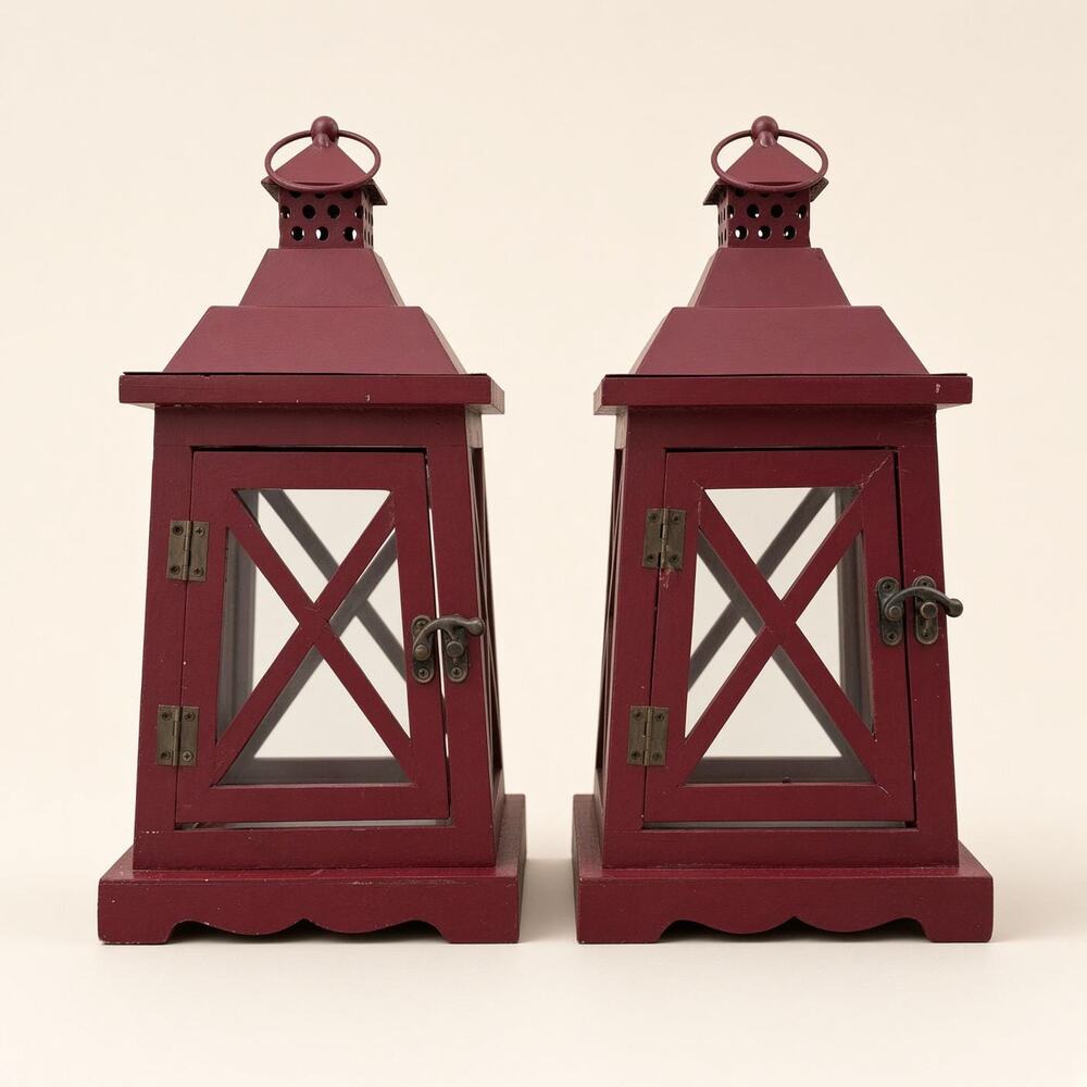 Burgundy Wood Candle Lanterns Set of 2 Farmhouse Pyramid Roof Glass Door Decor